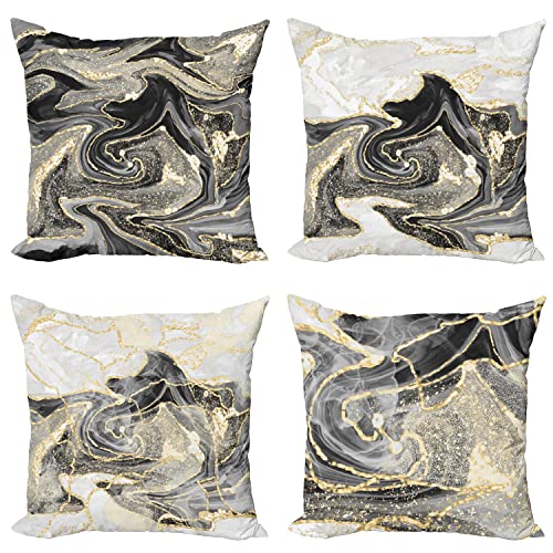Ambesonne Marble Print Throw Pillow Cushion Case Pack Of 4, Modern Pattern Waving Hues And Abstract Shapes Quirky Trippy Details, Modern Accent Double-Sided Digital Printing, 24", Grey And Pale Yellow #TOP13