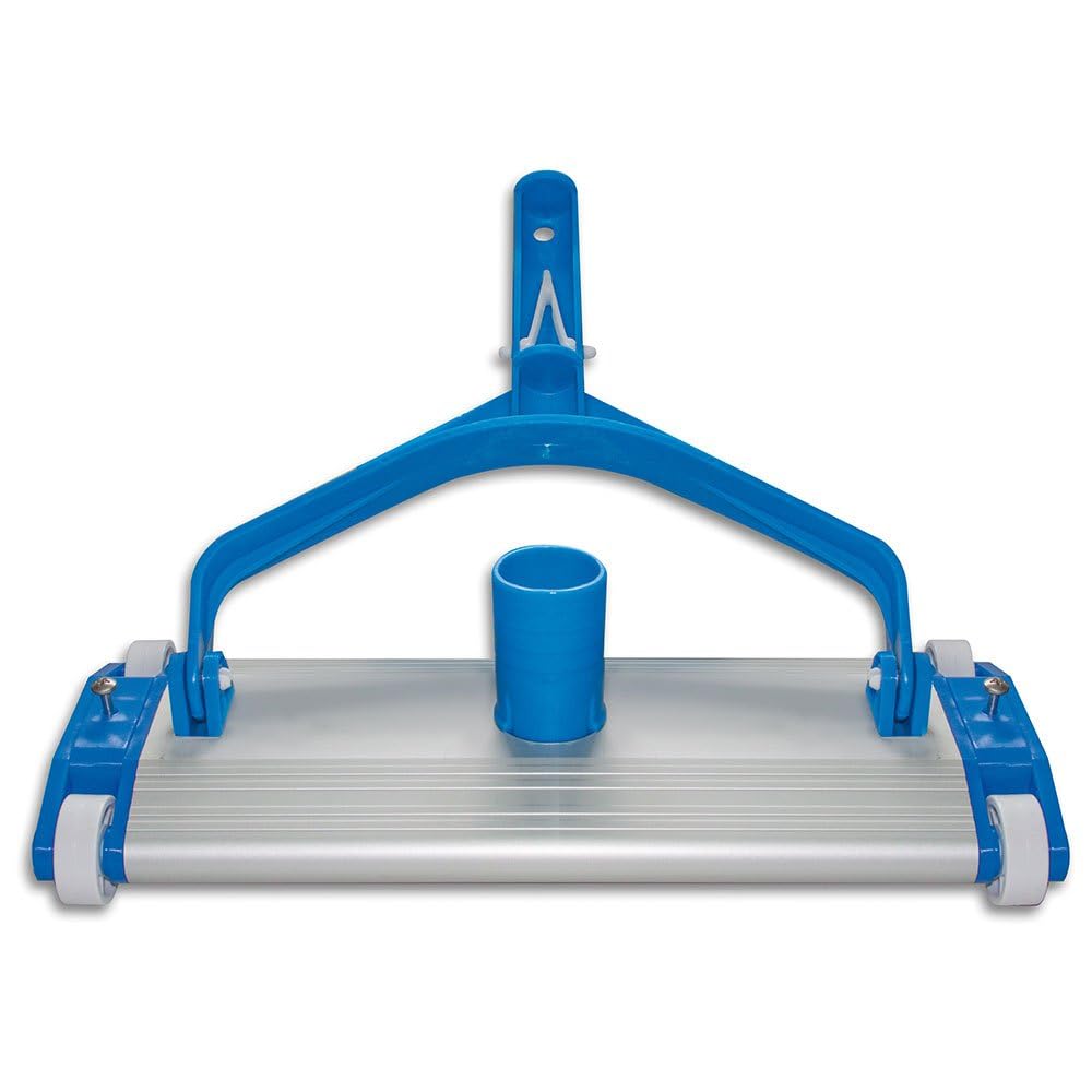 Productos QP 500340C Limpiafondos Metálico, Limpiador Manual de Piscinas, Cepillo de Nylon, 4 Ruedas Fijación Clip, Azul, Ancho: 335 mm