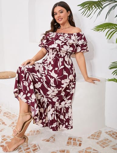Image of KOJOOIN Women Plus Size Off Shoulder Maxi Dress Ruffle Flowy Casual Summer Boho Long Dresses
