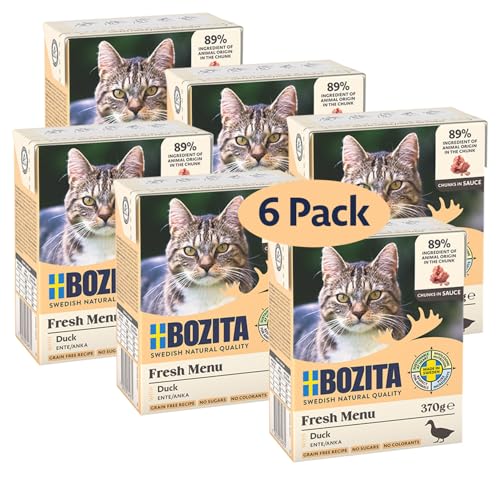 Bozita Tetra Häppchen in Sauce mit DUCK– 6x370g Getreide- & zuckerfreies Premium-Katzenfutter, ohne Gentechnik, mit 7,5% Protein und 5% Fettgehalt – leckeres Nassfutter für Feinschmecker