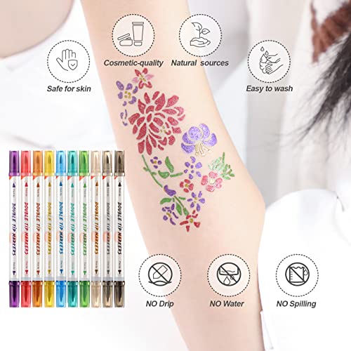 Hawink Temporary Tattoo Markers For Skin, 10 Body Markers + 56 Large Tattoo Stencils For Kids And Adults, Dual-End Tattoo Pens Make Bold And Fine Lines With Cosmetic-Grade Tattoo Ink Zyh2208001Kit thumb #6