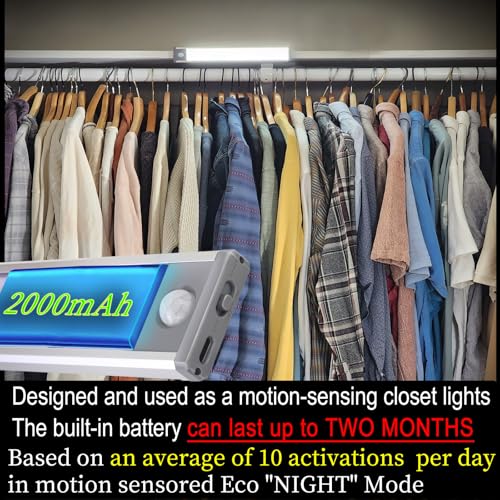 Image of Ultra-Bright 70LED Motion Closet Lights 2000mAh Rechargeable Large Battery Powered Long Lasting Wardrobe Lighting. Cordless Sensor Lamp for Kitchen Under Cabinet, Counter, Pantry. 6000k Cool White