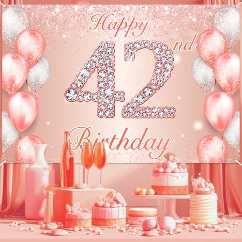 Image of Happy 42nd Birthday Rose Gold Banner Cheers to 42 Years Old Backdrop Confetti Balloons Theme Decor for Women 42 Years Old Pink Birthday Party Decorations Bday Supplies Background Favors Gift Glitter
