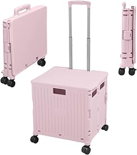 Berry Carrito de la compra con ruedas de 40 kg con capacidad de 50 l, carrito plegable de plástico con 4 ruedas y tapa, carrito de tirar, ideal para camping, picnic, hogar, oficina, color rosa
