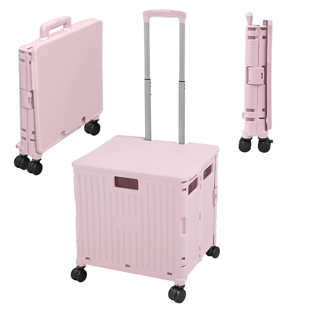 Berry 40 kg opvouwbare boodschappentrolley - zwart, plastic trolley met 2 wielen en deksel, draagbare kar met telescopische handgreep