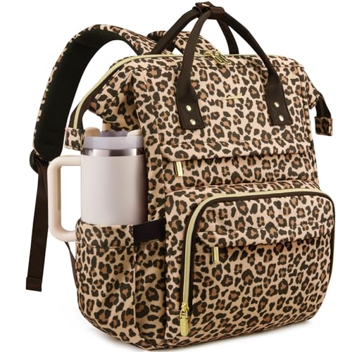 Image of LOVEVOOK Laptop Backpack for Women Men with Large Cup Holder,15.6 inch Waterproof Computer Laptop Bag TSA Approved Travel Backpack,Professional Work College Nurse Teacher Backpack Gift Purse,Leopard print