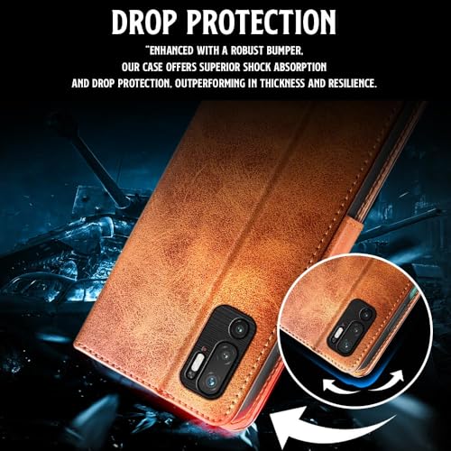 Image of WOW IMAGINE Shock Proof Flip Cover Back Case for Xiaomi Redmi Note 10T 5G | Poco M3 Pro 5G (Magnetic Button Flip Case | Wallet Pockets & Stand | Leather Finish | Alder Brown)