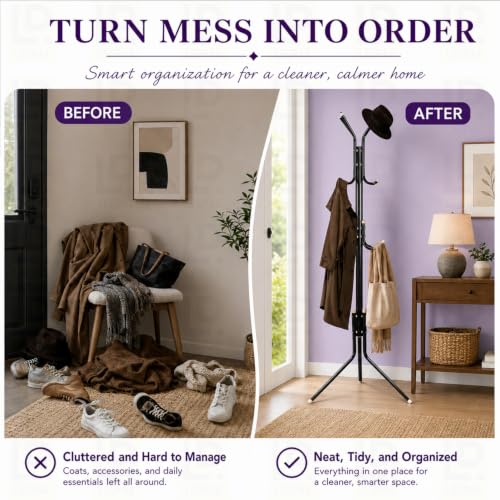 Image of LEOPAX Metal Coat Rack Stand with 12 Hooks, Freestanding Garment Rack, Coat Hanger Stand, Hall Tree Organizer for Entryway, Bedroom, Home & Office, Black