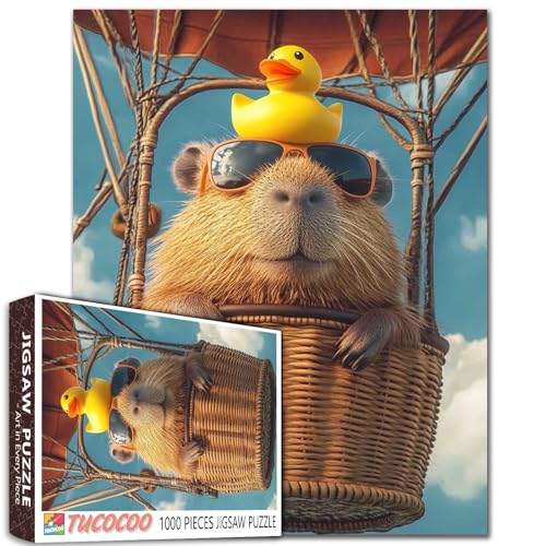 Sunglasses Animal Capybara Jigsaw Puzzles for Adults 1000 Pieces,Sky Hot Air Balloon Art Puzzles for Challenging Family Activity Games Colorful DIY Crafts Puzzle for Home Decoration Gifts