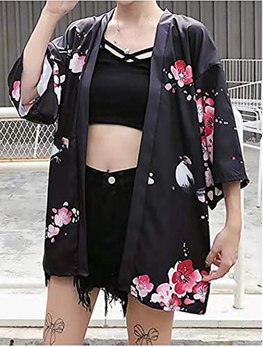 Image of LAI MENG FIVE CATS Women's Floral Print Loose Blouse Japanese Kimono Tops | Puff Sleeve,Cover up Top,Casual Cute Tops,Summer Cardigans 2026