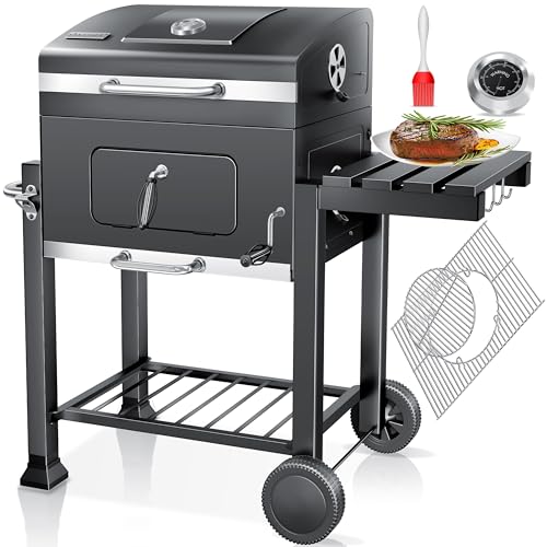 KESSER® Grill Grillwagen BBQ Smoker XL Holzkohlegrill mit Deckel, Rädern, Edelstahl-Griff, Grillrost, Thermometer, & Silikon-Pinsel, Standgrill, Kohlegrillwagen