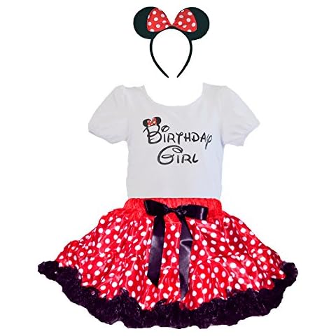 Birthday Girl T-Shirt, Red-White Polka Dot Black Ruffle Tutu & Headband Set (Age 7-RBh) Cover
