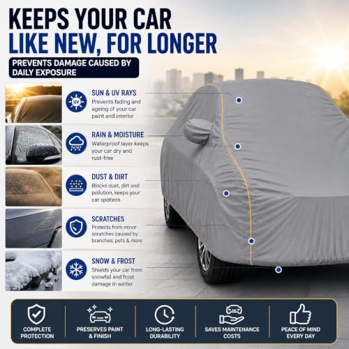 Image of S-Presso Heavy Duty Car Cover Waterproof | 6-Layer Full Body Protection with Soft Cotton Inner Lining | UV, Rain, Heat, Dust & Scratch Resistant | Custom Fit with Mirror Pockets | Grey