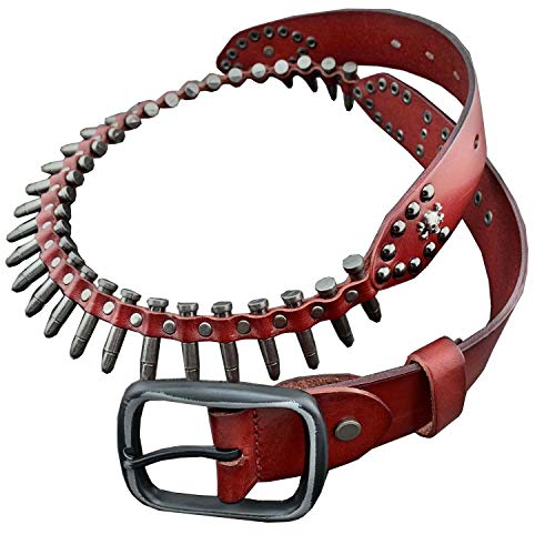 punkman2000 Red Genuine Leather Belt with Solid Metal Bullet studded for Women or men (115cm)