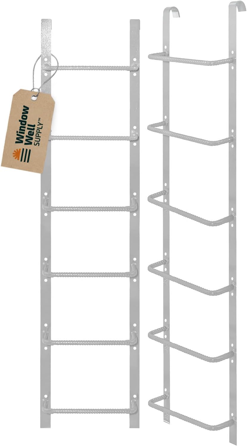 Window Well Egress Ladder for Basement Windows (White, 6-Rung) - Heavy Duty Hook Mount Ladders for Home, Easy to Install Egress Window Well Ladders, Powder Coated Steel Escape Ladder