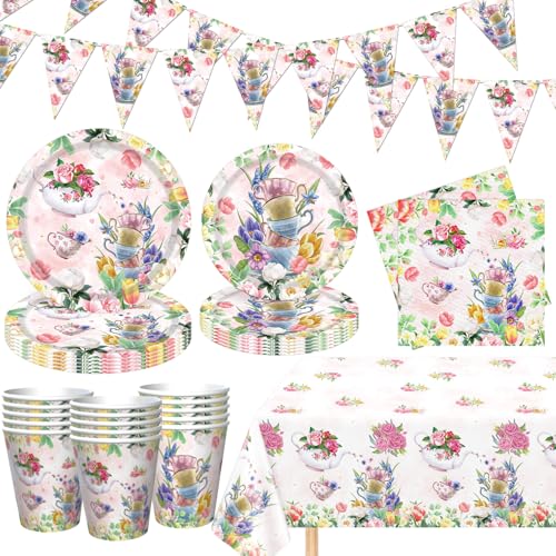 83Pcs Tea Party Decorations Tea Floral Party Supplies Floral Theme Plates and Napkins Sets Flower Garden Tableware for Girl's Birthday Baby Shower Wedding