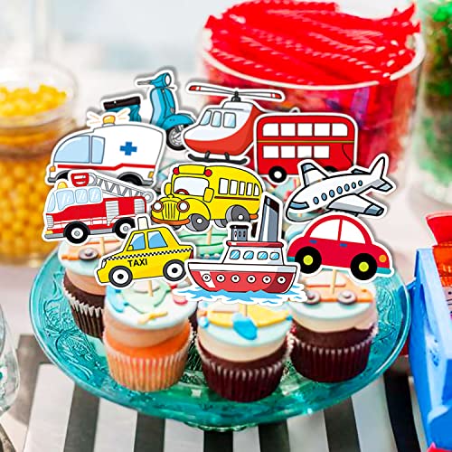 50 Pieces Transportation Cupcake Topper Car Bus Plane Ship Diy Cupcake Decorations Transportation Theme Stickers (2 In 1) Baby Shower Kids Birthday Party Supplies #TOP2
