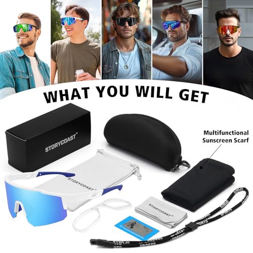 STORYCOAST Polarized Sports Sunglasses for Men Women Fishing Cycling Bike Running Sun Glasses UV Protection White Frame/Ice Blue Mirror Lens