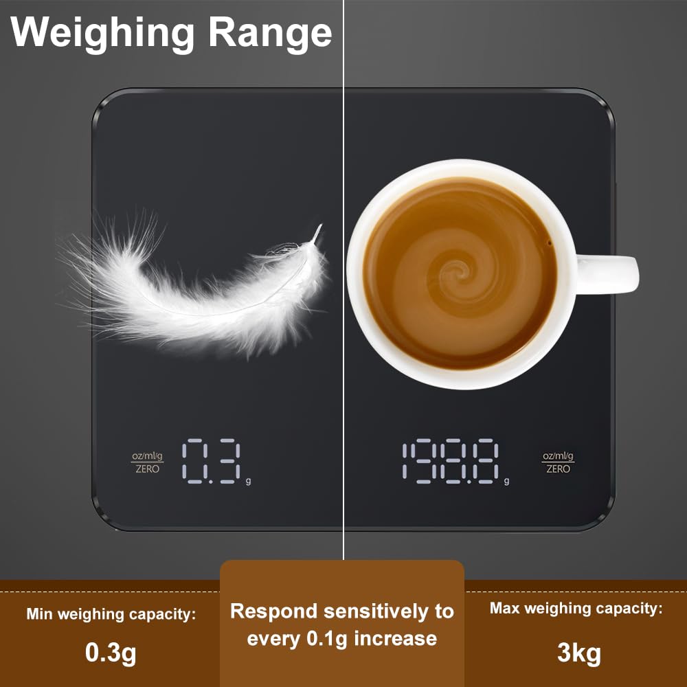 OBEST Mini Bilancia per Caffè con Timer, 3kg/0,1g Bilancia con Precisione | Bilancia Digitale Ricaricabile per Caffè, Bilancia Elettronica Portatile da Cucina con Display a LED e Timer Automatico