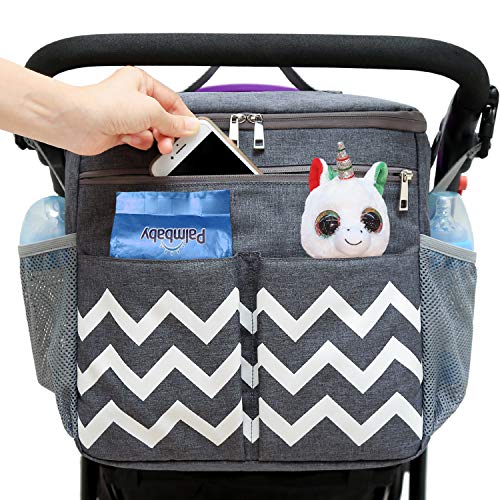 Conleke Stroller Organizer Travel Bag with Shoulder Strap Lightweight Design Storage Pockets for Bottles, Diapers, Toys, Snacks,Essential Stroller Accessory (Wave pattern(changing pad included))
