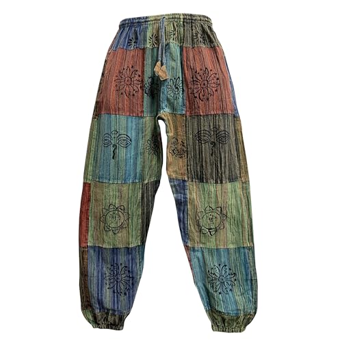 Mens Stonewashed Cotton Bohemian Vintage Yoga Ethnic Print Patchwork Harem Pants