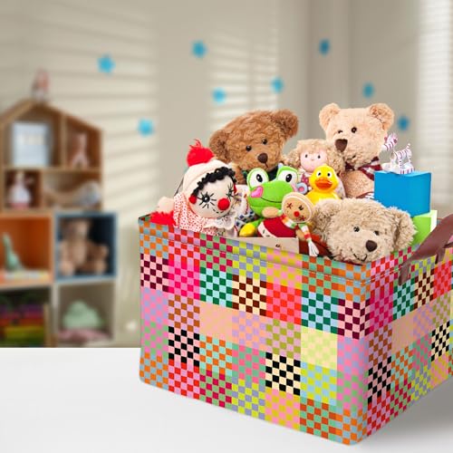 Image of Colorful Checkered Storage Basket Waterproof Canvas Toy Storage Bin Checkered Home Decor Collapsible Outdoor Basket with Leather Handles Blanket Baskets For Closets,Bedrooms,Classroom,Gifts Baskets