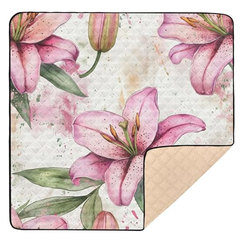 BOESI Watercolor Lily Pattern Baby Play Mat, 50“ X 50” Washable Folding Crawling Mat, Baby Floor Mat, Soft, Thick, Non-Slip