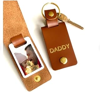 Pomchick Daddy Keyring | Gift for Dad Grandad Uncle | PU Leather Personalised Photo Keychain for Him | Grandpa Present from son and daughter | Father's Day Xmas Dads Birthday Gifts