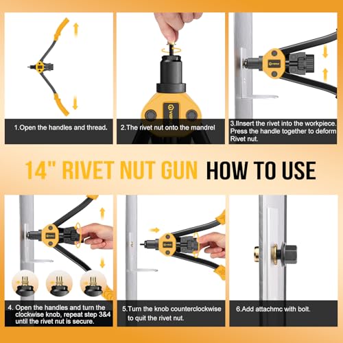 VIGRUE 14'' Rivet Nut Tool Hand Rivet Tool Kits with 7PCS Metric & Inch Mandrels and 150PCS Metric & SAE Rivet Nuts Assortment and Rugged Carrying Case