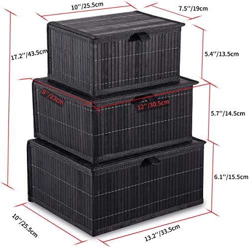 Honygebia Bamboo Decorative Storage Boxes - Set of 3 Woven Lined Storage Basket with Lids, Black Wicker Lidded Baskets for Home Kitchen Shelf Organizer Decor