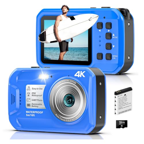Image of 4K Underwater Camera, 64MP 16FT Waterproof Camera w /16GB Card, Blue | Floatable Digital Camera, 16X Digital Zoom, Auto Focus, Fill Light, 650mAh Battery, Ideal for Travel, Surfing, Swimming