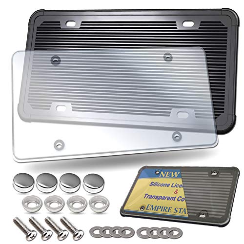 License Plate Frame Cover- Black Silicone Car Tag Holder and Flat Clear License Plate Cover, Unbreakable Novelty Plate Protector ,Stainless Steel Screws, Caps, Rust-Proof, Rattle-Proof
