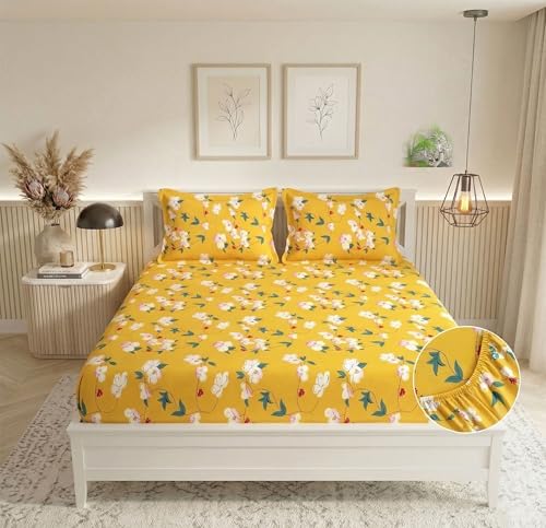 Image of BSB HOME 210 TC Cotton Double Bedsheet with 2 Pillow Covers, Soft Breathable Fabric, Elastic Fitted Sheet, Wrinkle Resistant, Deep Pocket Fit - 78 x 72 + 10 Inches (Goldenrod)