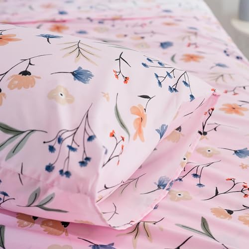 Image of Pink Queen Sheets Set Flower Bed Sheets 4 Piece - Pink Botanical Patterned Sheets Microfiber Bedding Decor - Breathable & Durable Queen Sheet Set Up to16 Inches Deep Pocket Queen Bed Sheets