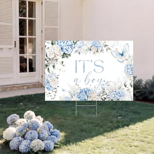 Its a Boy Yard Sign with Stake Blue Floral Baby Shower Lawn Sign 16 x 24 Inch Baby in Bloom Gender Reveal Yard Decoration Waterproof Outdoor Welcome Boy Announcement Decor for Front Lawn Garden