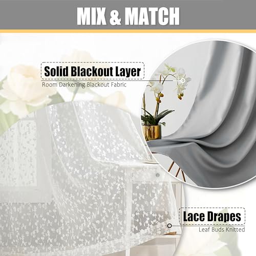 Image of Mix Matched Grey Full Blackout & Sheer Leaf Lace Curtains 52 inchWx95 inchL 6Panels | White Lace Sheer Leaf & Grey Blackout Combo Set, 2 Blackout+2 Sheer Panels, 4-Piece Set, Mix and Match Style Grommet Top