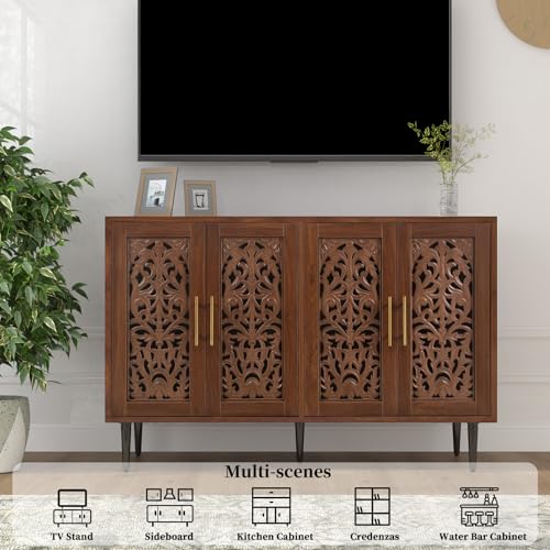 Wooden Sideboard Storage Cabinet with 4 Doors, Vintage Hollow Carving Buffet Accent Cabinet, Modern Brown Sideboards for Living Room, Kitchen, Dining Room, Hallway