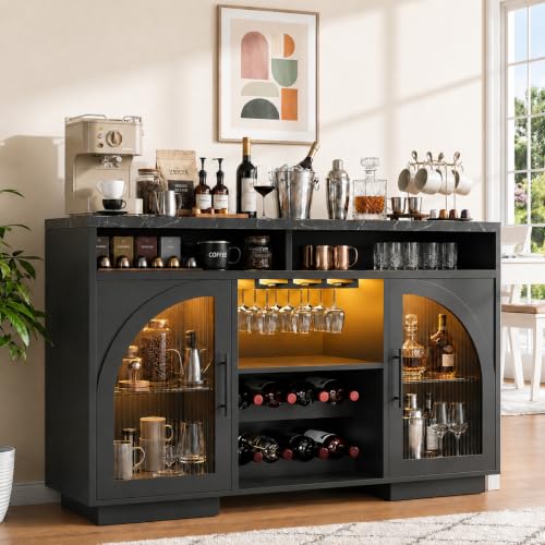 54' Coffee Bar Cabinet with Storage, LED Lights and Arched Glass Doors