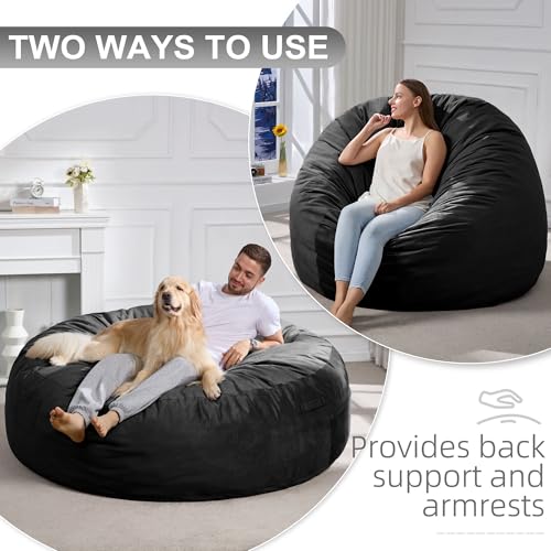 Image of Hobestluk Giant Bean Bag Chairs 6FT Oversized BeanBag Chair for Adult Jumbo | Memory Foam,Removable Cover,Velvet Fabric,Storage Pocket,Handle,Breathable Lounge Chair for Bedroom Study Room | Black 6FT