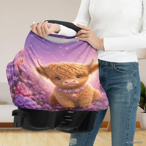 Image of Wanyint Infant Car Seat Cover Stretchy Nursing Scarf Car Seat Canopy Shopping Cart High Chair Cover Protect Babies Breastfeeding Mothers, Highland Cow Floral Purple