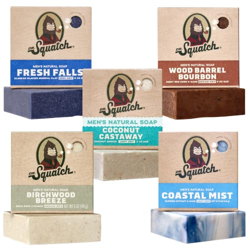 Image of Dr. Squatch Natural Men's Bar Soap - Cold Process Body Soap Bar with Natural Oils - Gifts for Men - Coconut Castaway, Wood Barrel Bourbon, Fresh Falls, Birchwood Breeze & Coastal Mist (5 oz, 5-Pack)