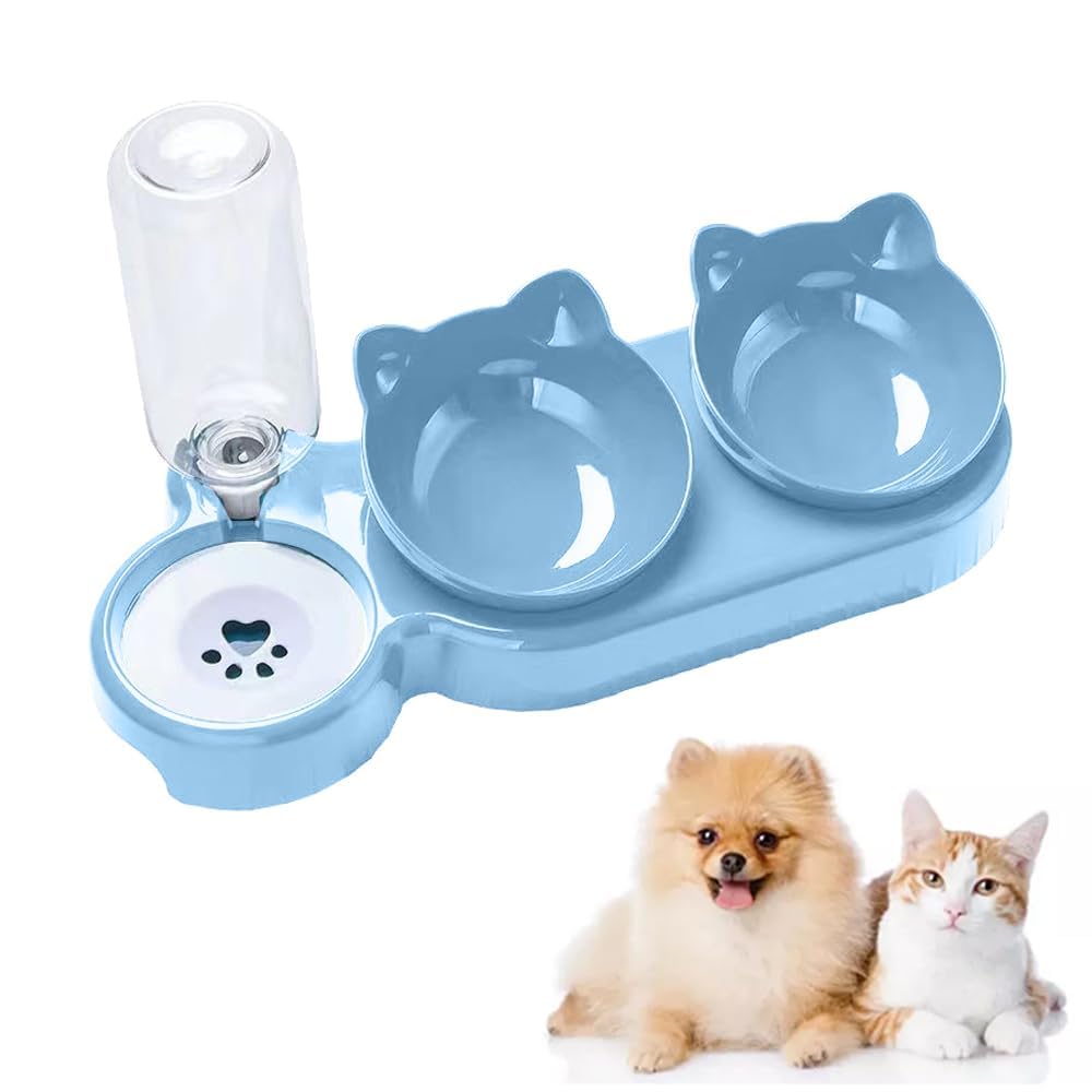 Cat Food And Water Bowl Set, Raised Cat Bowls with Stand, Double Bowls with Water Dispenser for Dog, Food And Water Feeder For Small Pet (Light blue)