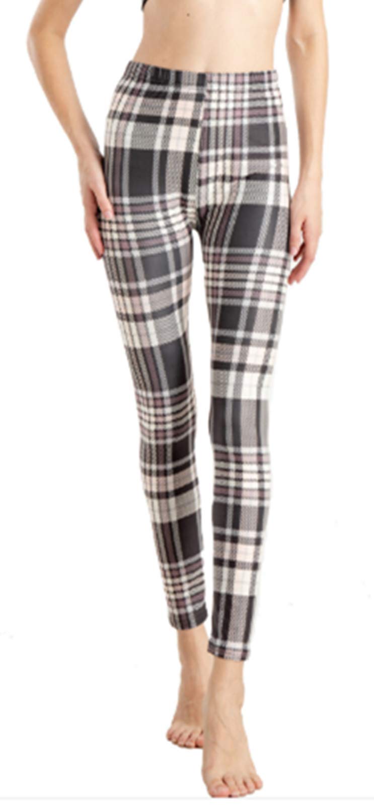 Fioeyr Women's Z- Gray Pink Red Tartan Check Print Elacticated Full Length Long Stretchy Leggings