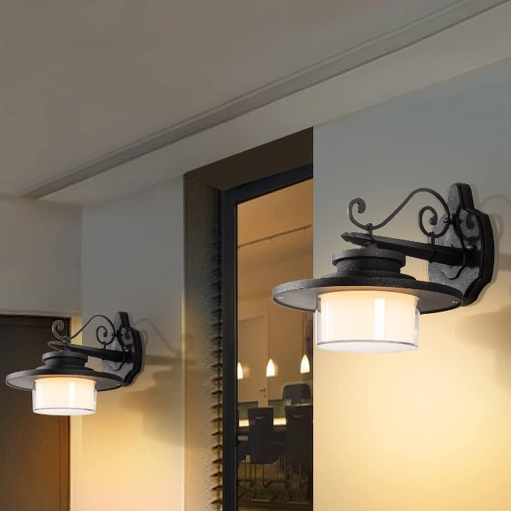 Farol LED de 12 W para Porche, Aplique de Pared Exterior Negro, Resistente al Agua, lámpara de Pared Blanca con Cristal opalino, Estilo Moderno de Mediados de Siglo, para Patio, iluminación