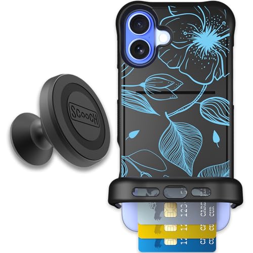 Scooch for iPhone 16 Plus Case with Card Holder, Wingmate Wallet Case with Hidden Card Slot and RFID Protection, Starter Bundle with Wingmount, Blue Hibiscus
