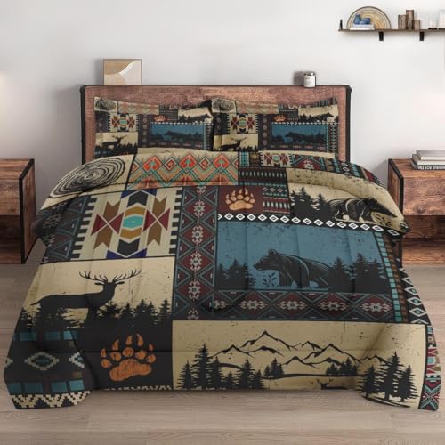 WeCozy Full Size Comforter Set with 2 Pillowcases, Deer Bear Animal 3 Pcs Bedding for Kids and Adults, Black White Abstract Soft Comforter Set for Bedroom Bed Decor
