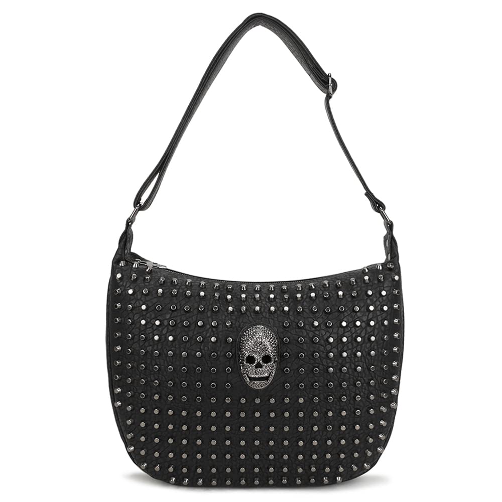 Vintage Handbags for Women Leather Hobo Bags Skull Rivet Purse Shoulder Bag Satchel Messenger Bag Crossbody Bag-Black