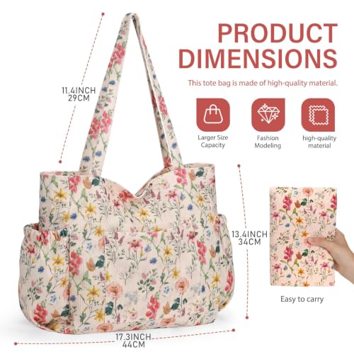 Corduroy Tote Bag for Women, Large Capacity Cute Tote Bags With 6 Pockets, Laptop Tote Bag Crossbody Shoulder Handbag Teacher Nurse Bags for Work Travel Gym(Retro Flowers) - image 7