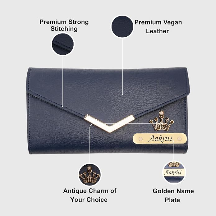 Image of WALLETKART Personalized Leather Women's Clutch with Name & Charm | Customized Clutch for Girlfriend Friend Wife Mother & Sister
