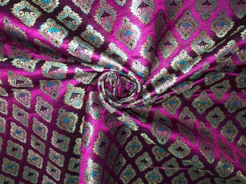 Tissu brocart de soie magenta 111cm jacquard métallique bleu sarcelle BRO1056